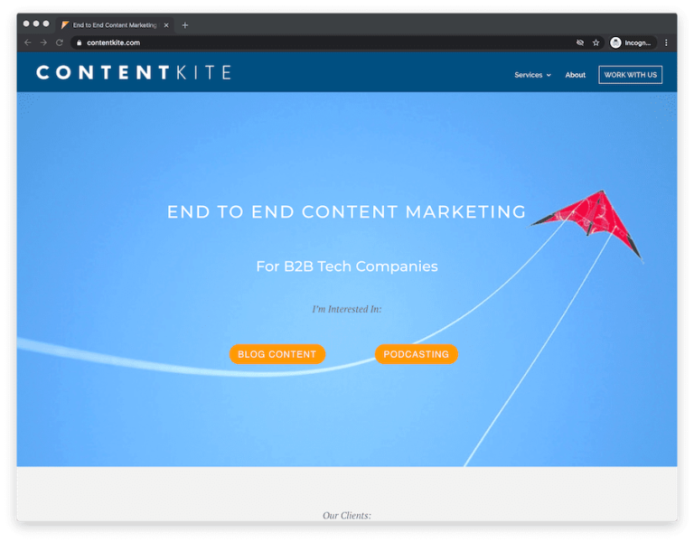 home page of b2b marketing agency content kite