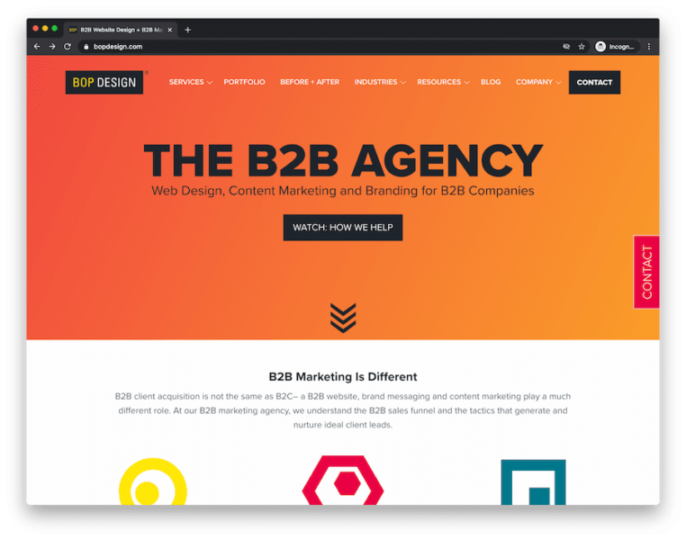 home page of b2b agency bop design