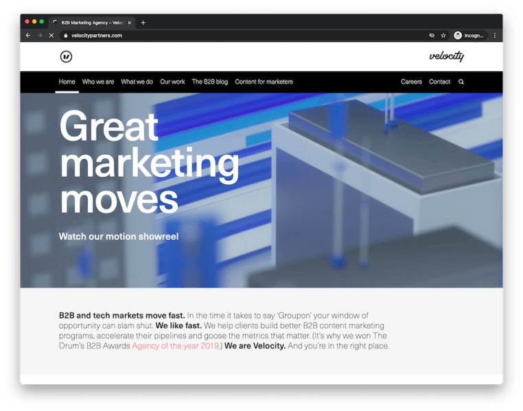 home page of b2b marketing agency velocity partners